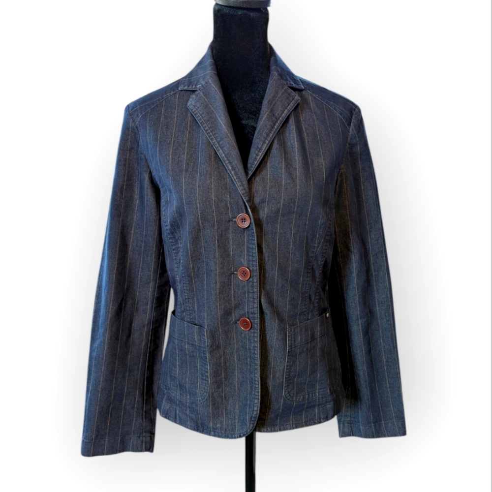 ESPIRIT Stretch Denim Blazer Jacket Blue Pinstripe Women's